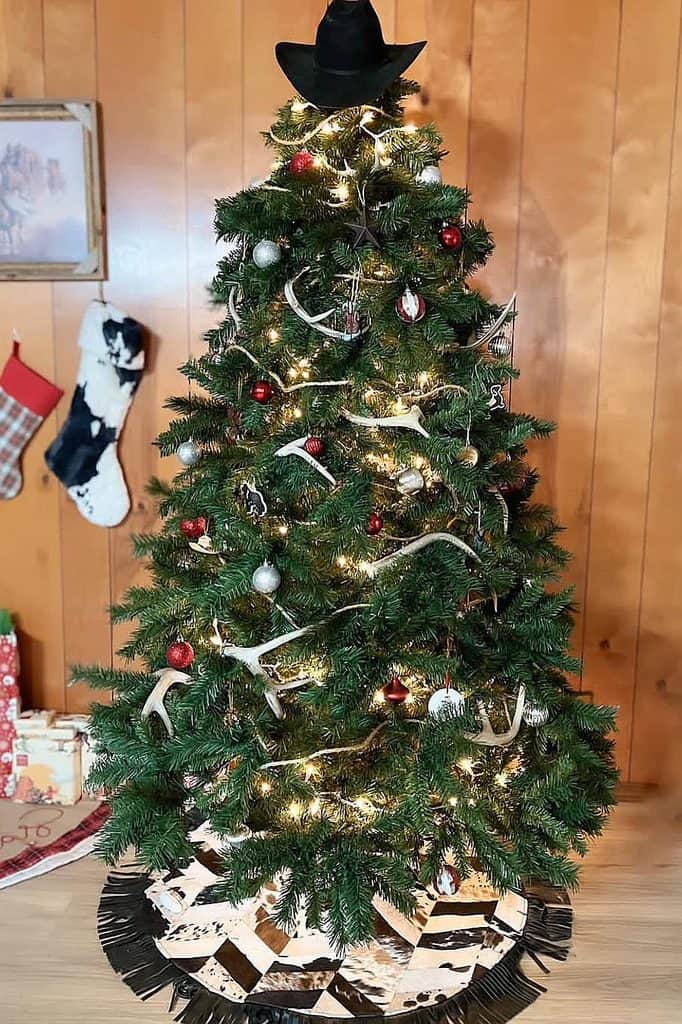 Decorated Christmas tree with cowboy hat, ornaments, and lights in a cozy wooden room.