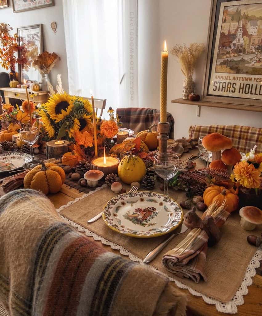 Autumn table setting with pumpkins, sunflowers, candles, and fall accents.
