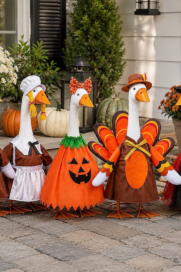 Creative fall porch with goose figures dressed in autumn costumes and pumpkins.