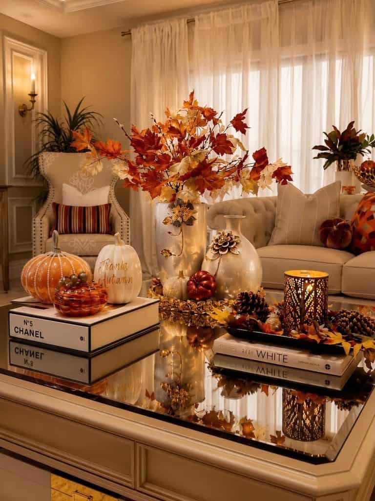 Autumn-themed living room decor with pumpkins, leaves, and cozy accents.