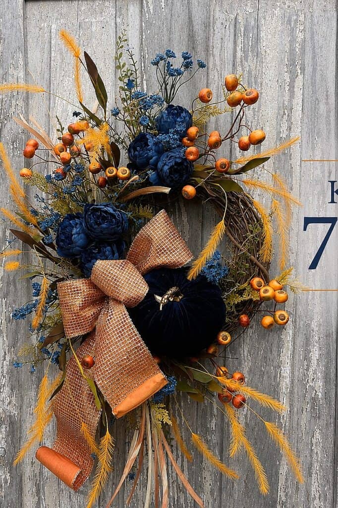 Autumn wreath with blue flowers, orange berries, and a burlap bow for fall decor.