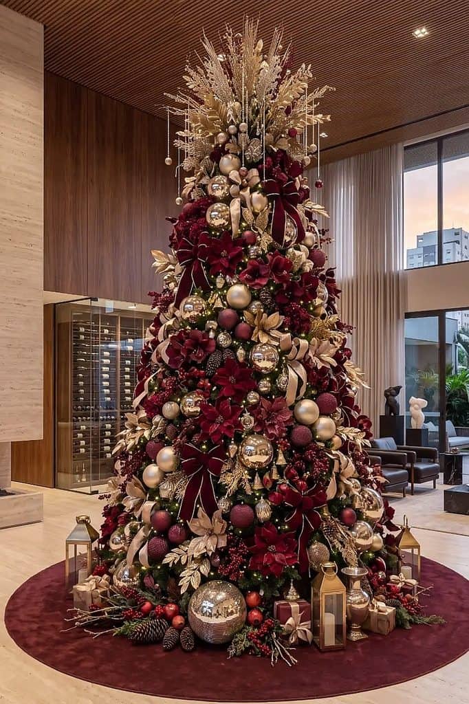 Luxurious burgundy and gold Christmas tree with ornaments and ribbons.