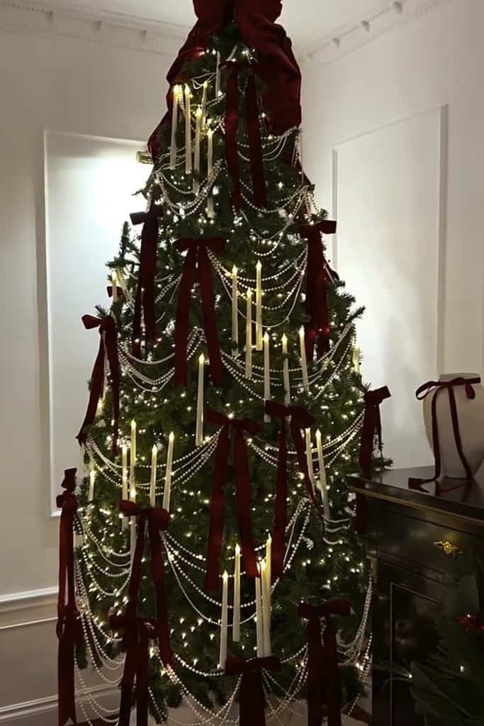 Christmas tree decorated with burgundy ribbons, white candles, and pearl garlands.