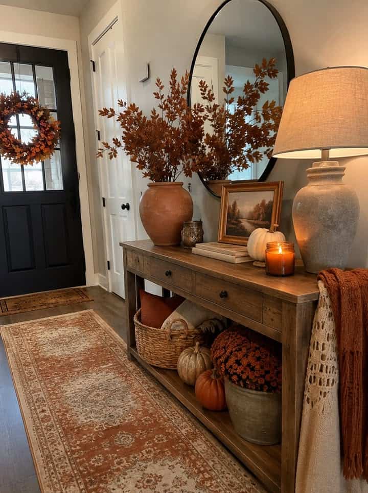 Fall autumn decor with pumpkins, dried leaves, and warm lighting in entryway.