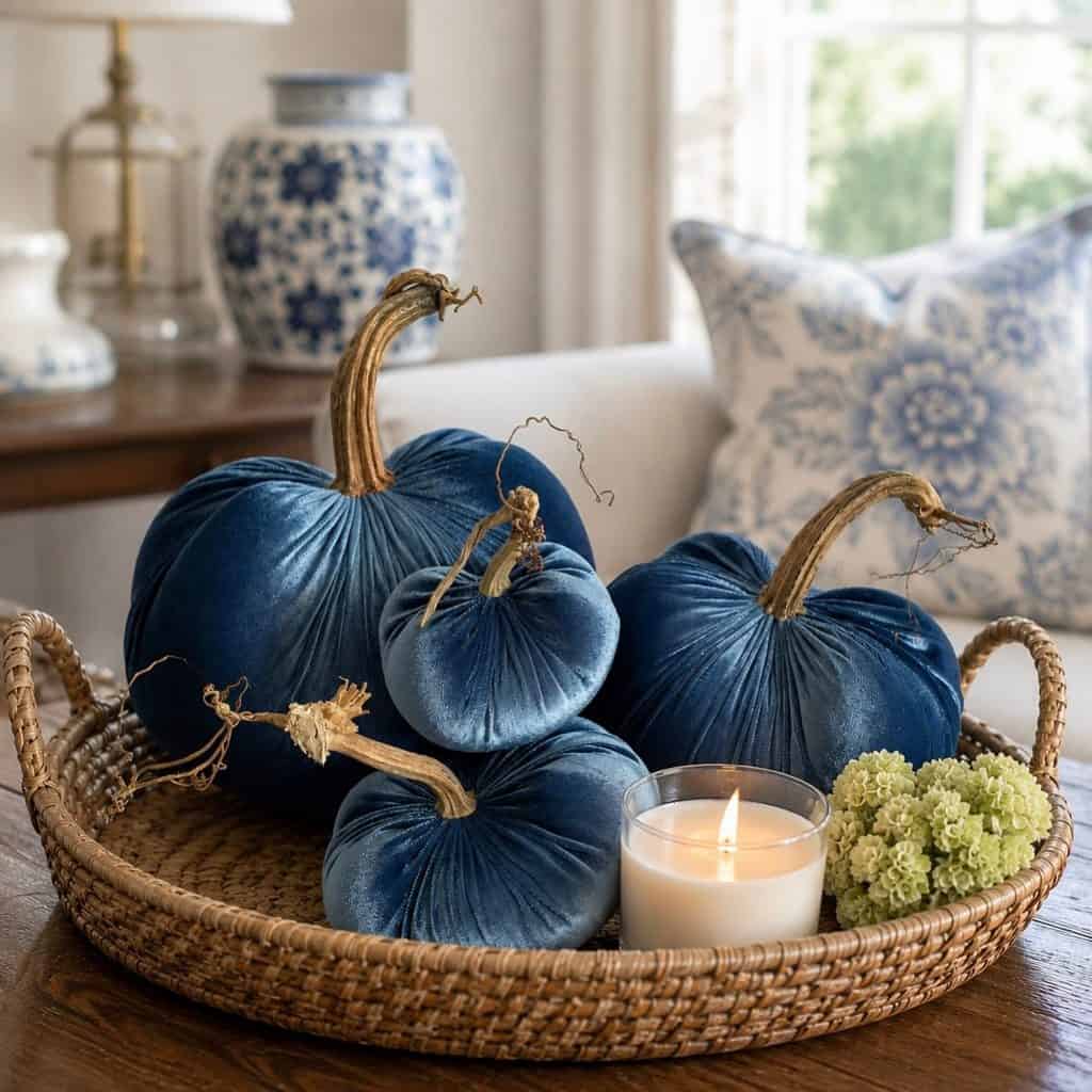 Blue velvet pumpkins with candle and hydrangeas in a wicker tray for fall decor.