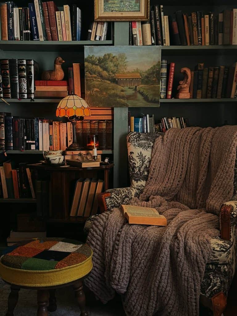 Comfortable armchair with blanket and book in a cozy library corner.