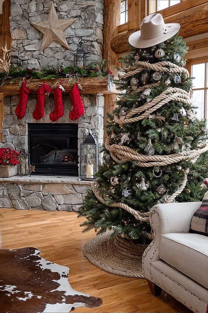 Decorated Christmas tree with rope garland and cowboy hat in cozy living room.