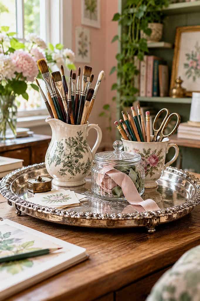 Elegant silver tray holding paintbrushes, pencils, and scissors in a cozy craft room.