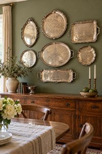 Collection of vintage silver trays displayed on a green wall in a dining room setting.