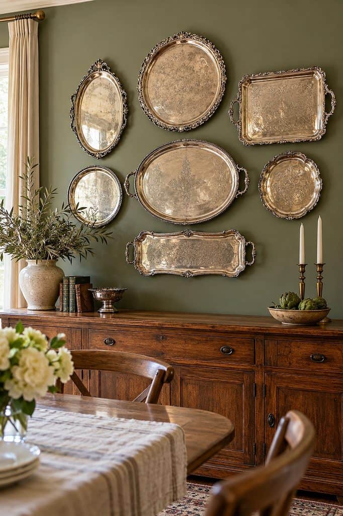 Collection of vintage silver trays displayed on a green wall in a dining room setting.
