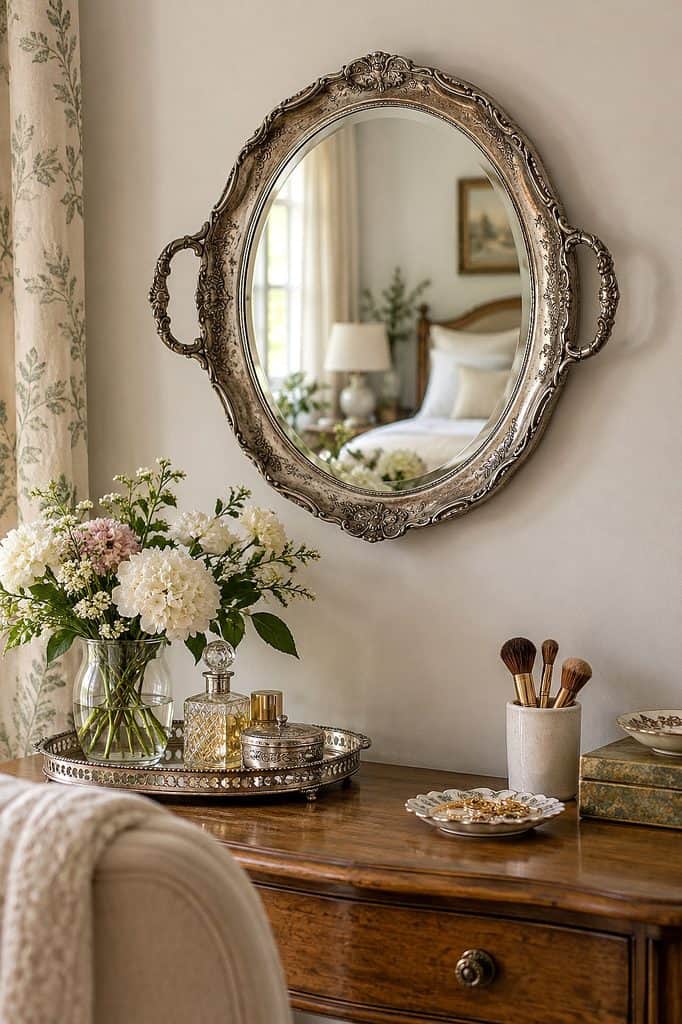 Decorative silver tray with flowers and a vintage mirror in a cozy bedroom.
