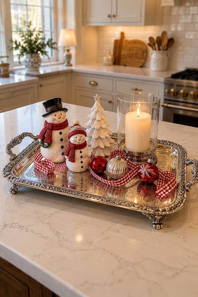 Festive Christmas decor with snowmen, tree, candles, and ornaments on a silver tray.