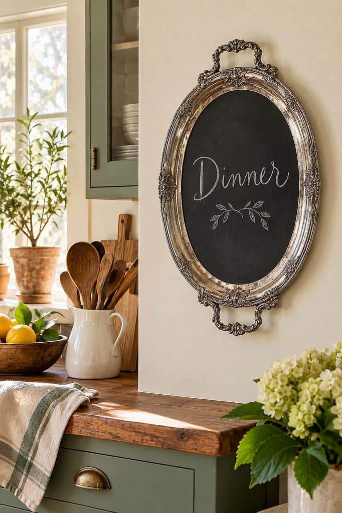 Vintage mirror with chalkboard surface displaying 'Dinner' in a cozy kitchen setting.