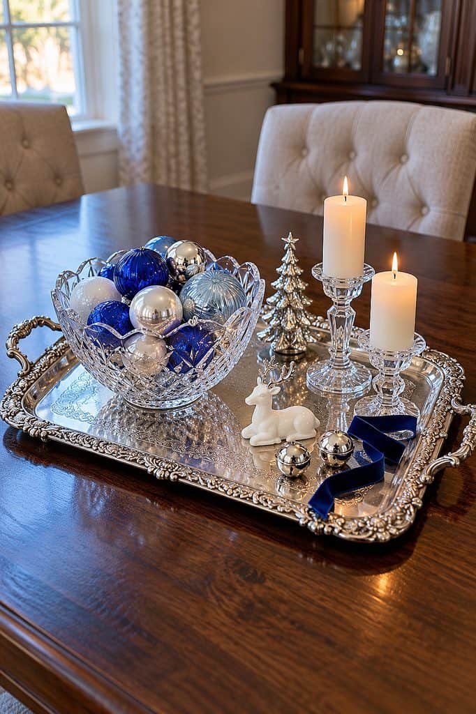 Elegant Christmas silver platter with ornaments, candles, and festive decor.