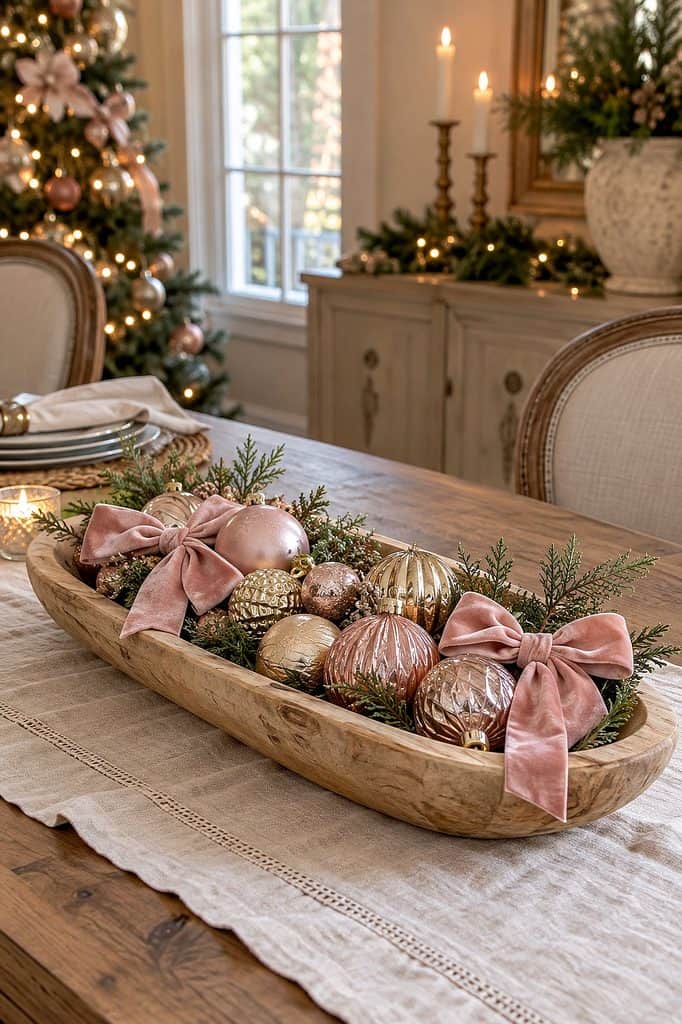 Festive Christmas dough bowl centerpiece with ornaments and pink bows.
