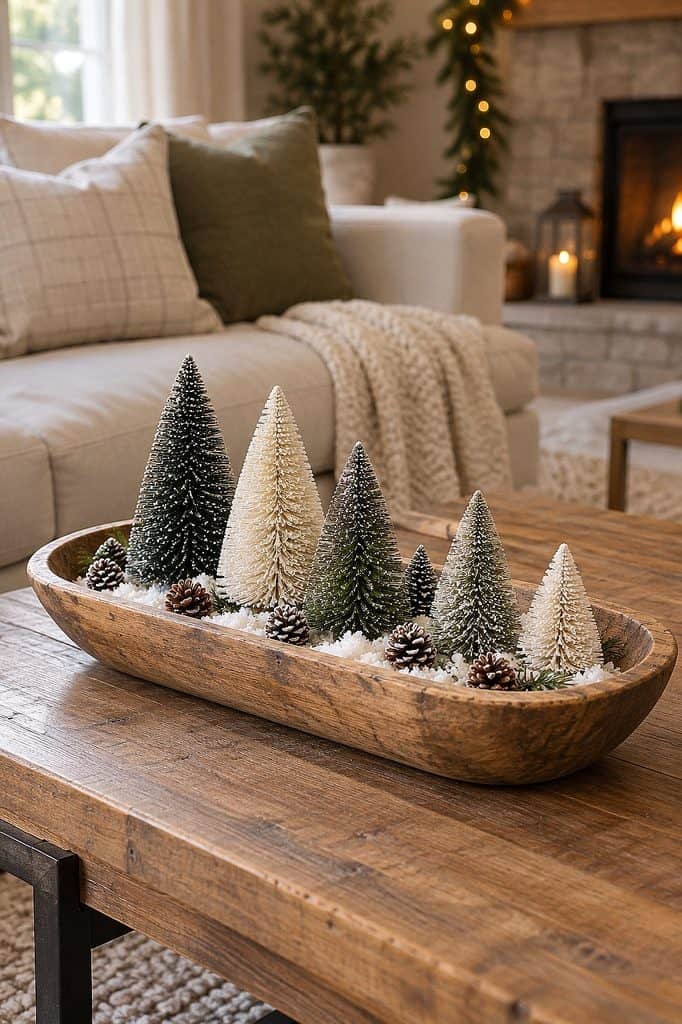 Festive Christmas dough bowl centerpiece with mini pine trees and pinecones.