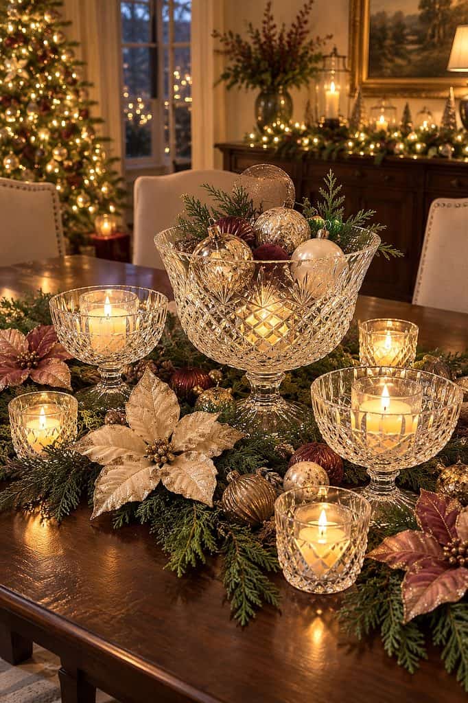 Fostoria crystal decorating ideas with candles and ornaments for Christmas.