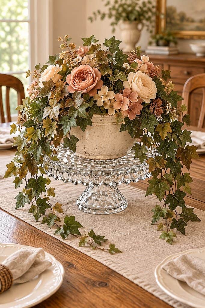 Beautiful floral arrangement with roses and greenery in a crystal vase on dining table.