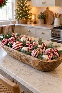 Festive Christmas dough bowl with ornaments and greenery for holiday decor.