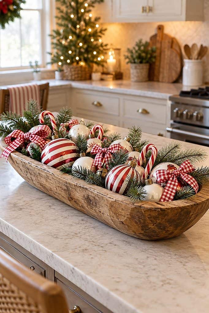 Festive Christmas dough bowl with ornaments and greenery for holiday decor.