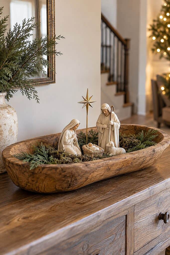 Nativity scene with figurines in a wooden bowl for Christmas decor.
