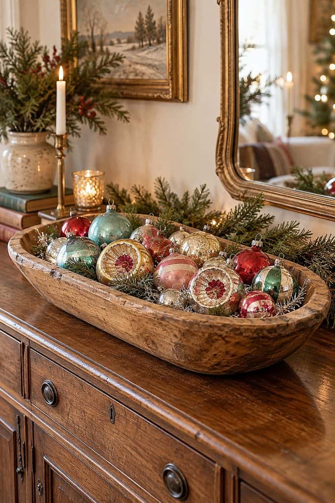 Festive Christmas dough bowl with colorful ornaments and greenery.