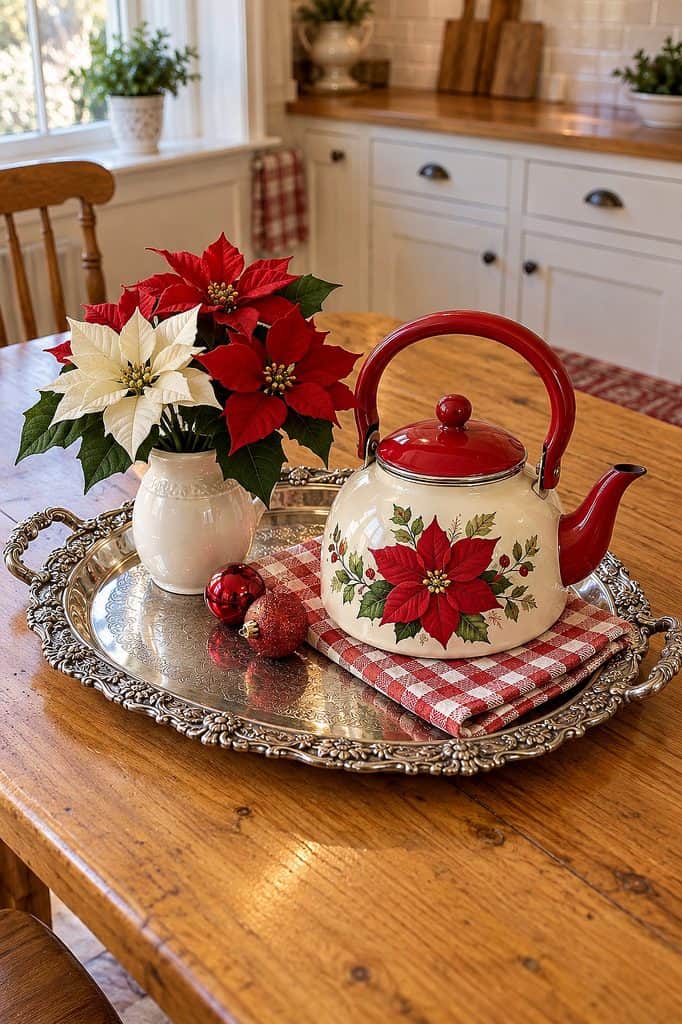 Festive poinsettia-themed tea kettle and flowers on a wooden table for Christmas.