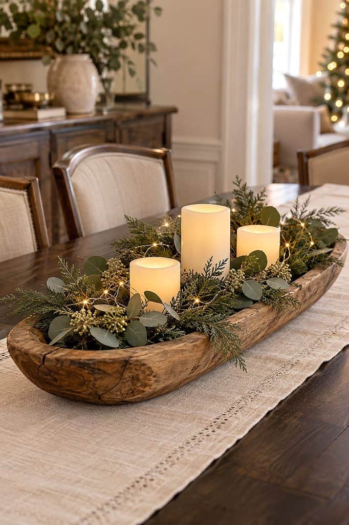 Festive Christmas dough bowl centerpiece with candles and greenery on dining table.