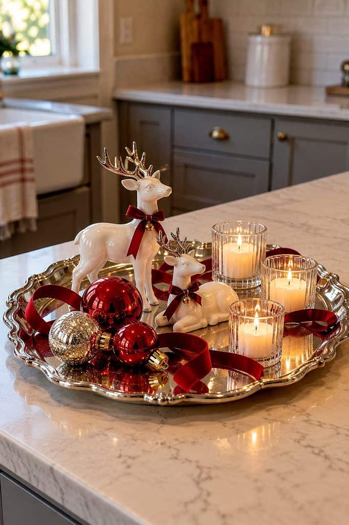 Festive Christmas decor with reindeer, candles, and ornaments on a silver tray.