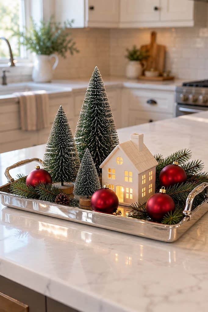 Festive holiday tray with miniature house, Christmas trees, and red ornaments on kitchen counter.