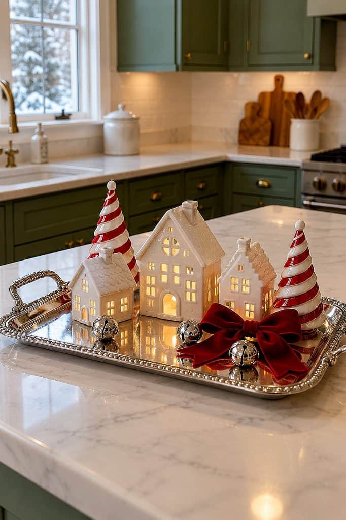 Festive miniature house decorations with Santa hats and bells on a kitchen island.