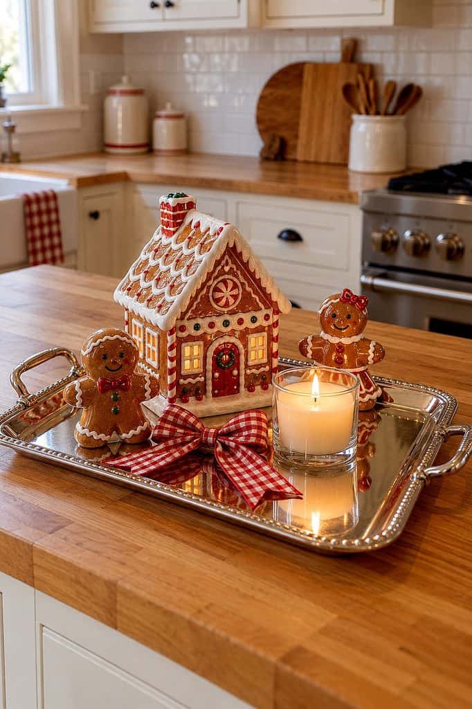 Festive gingerbread house with cookies and candle on a kitchen counter.