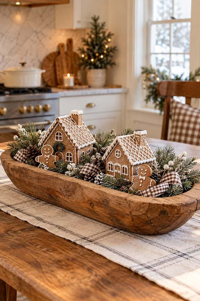 Festive Christmas dough bowl centerpiece with gingerbread houses and pinecones.