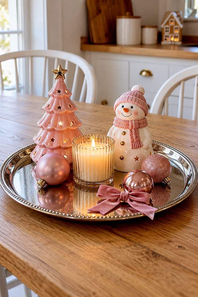 Festive Christmas table centerpiece with snowman, pink tree, candles, and ornaments.