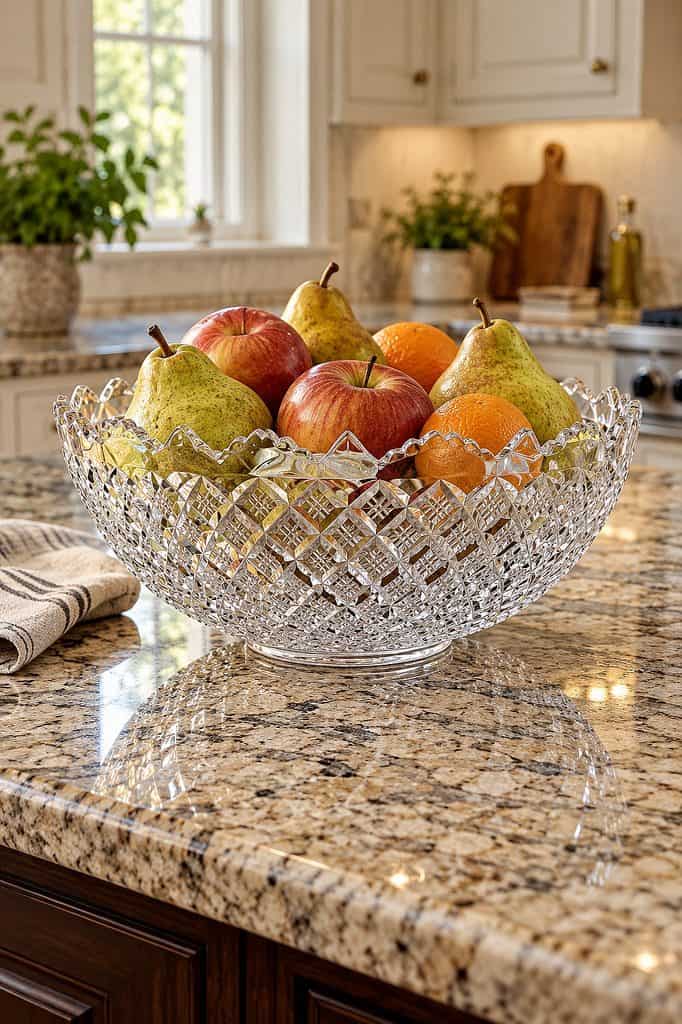 Fostoria crystal fruit bowl with apples, pears, and oranges on kitchen counter.