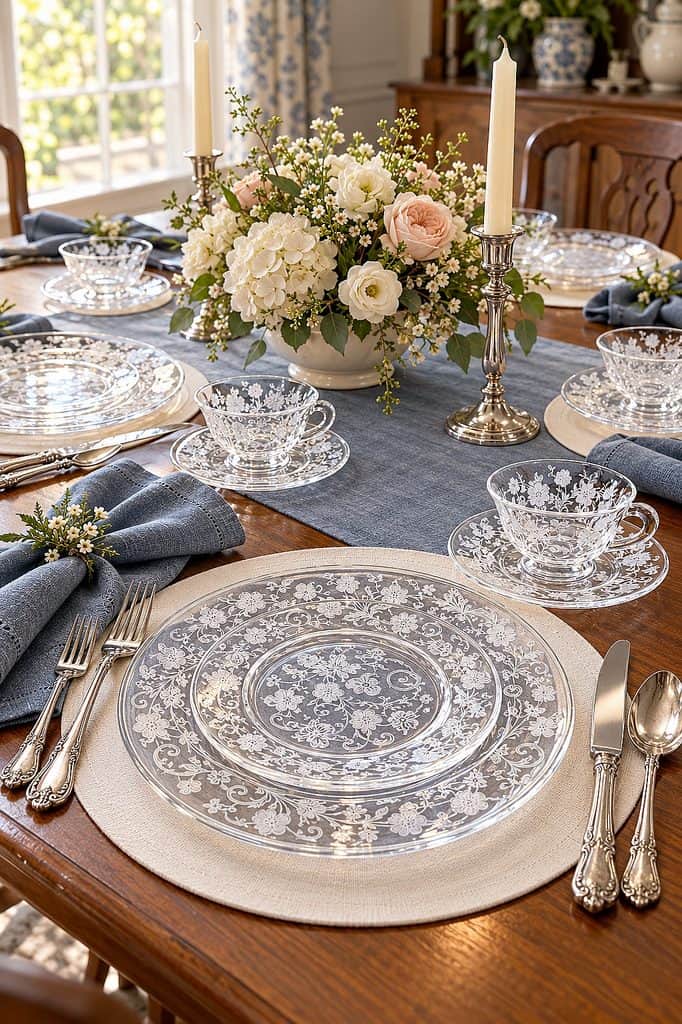 Elegant Fostoria crystal dinnerware and floral centerpiece for table setting.