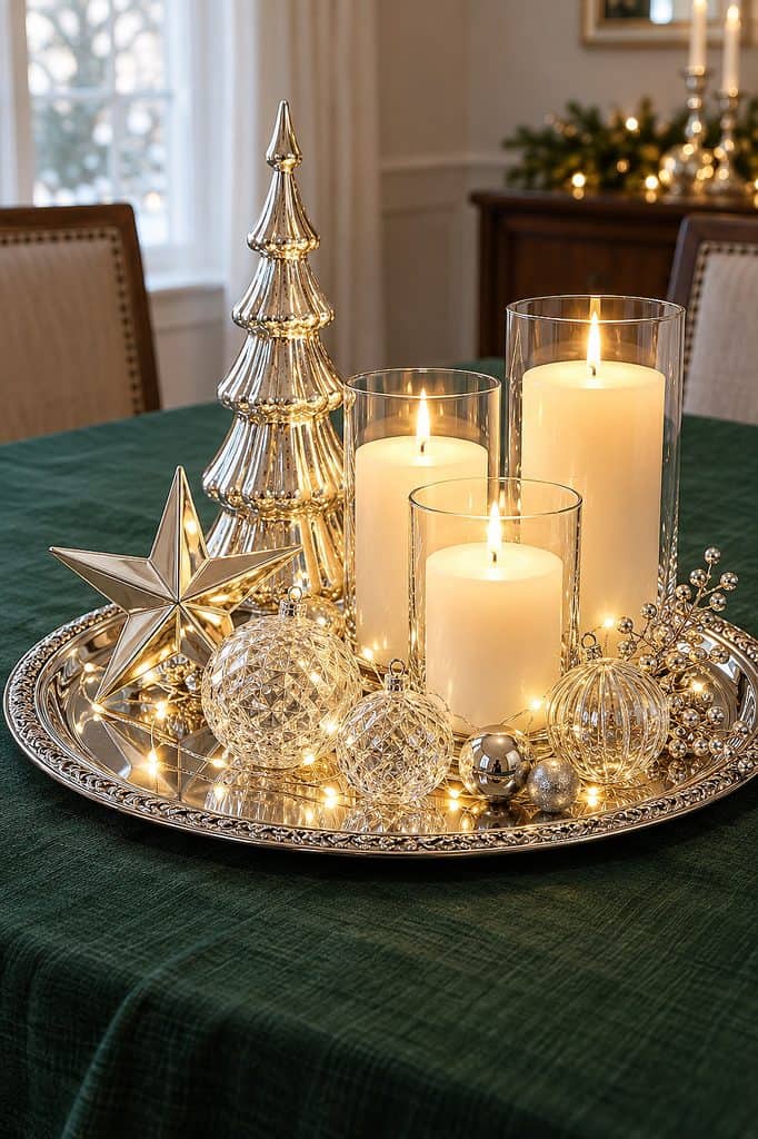 Silver platter with candles, ornaments, and a gold Christmas tree for holiday decor.