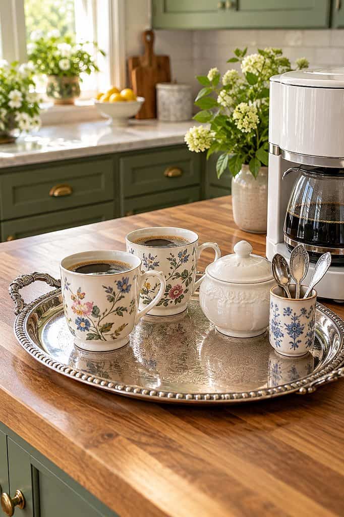 Elegant silver tray with floral coffee cups and sugar bowl on kitchen counter.