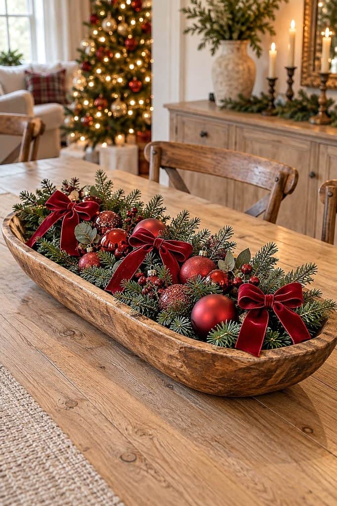 Festive Christmas dough bowl centerpiece with ornaments, ribbons, and greenery on a wooden table.
