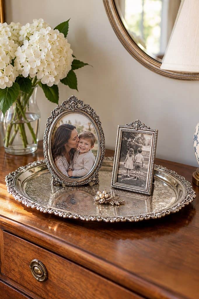 Silver tray displaying framed family photos and a flower arrangement on a wooden surface.