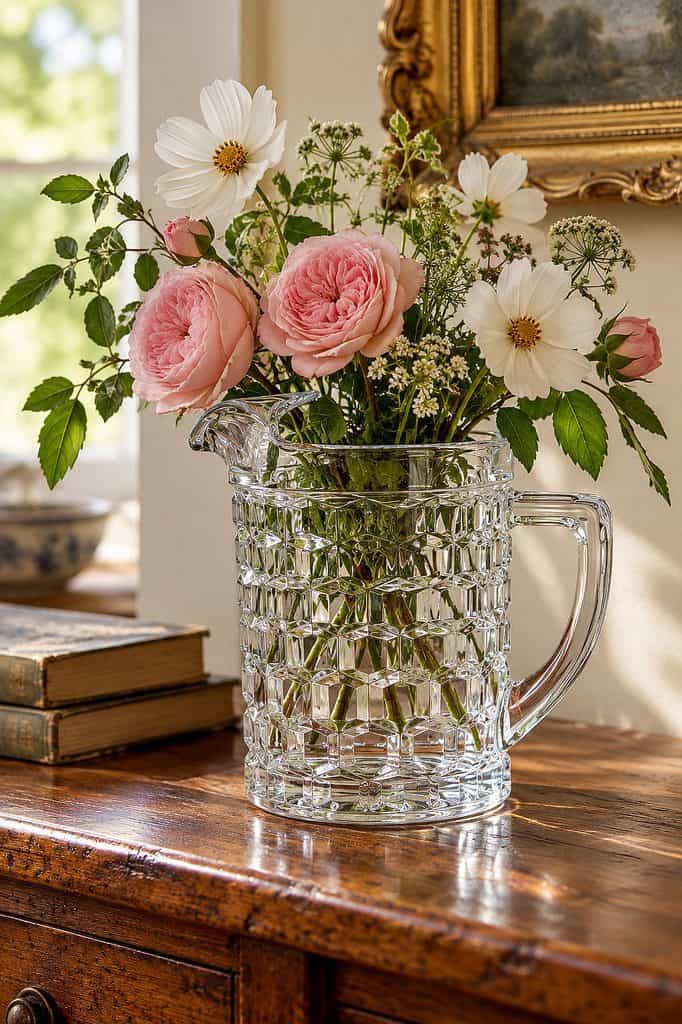 Beautiful flower bouquet with pink roses and white daisies in a glass pitcher.