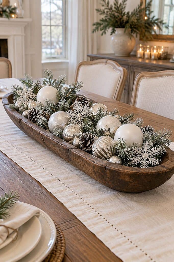 Festive Christmas dough bowl centerpiece with ornaments and pinecones on dining table.