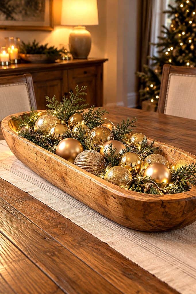 Festive Christmas dough bowl centerpiece with gold ornaments and greenery on dining table.