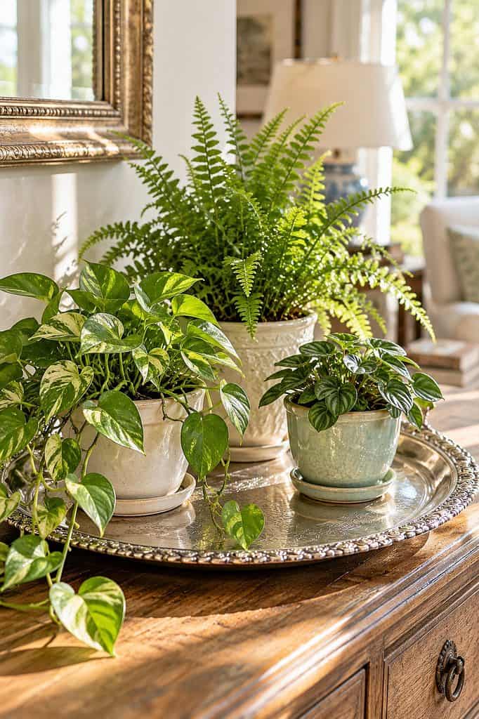 Decorative indoor plants on a silver tray in a cozy living room setting.