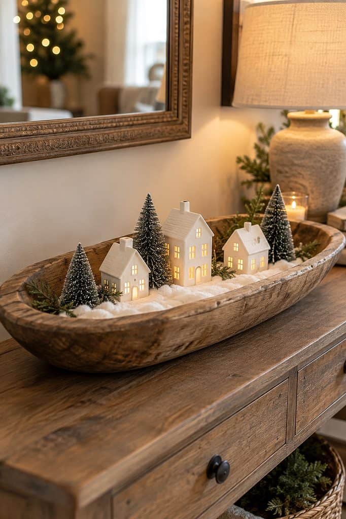 Festive Christmas dough bowl centerpiece with miniature houses and trees on a wooden table.