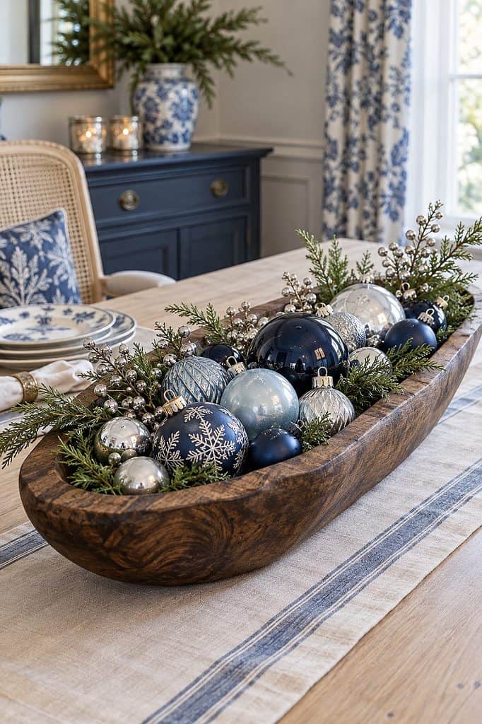 Festive Christmas dough bowl centerpiece with ornaments and greenery for holiday decor.
