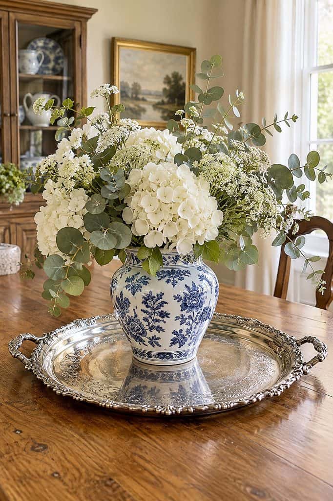 Beautiful white hydrangeas and greenery in a blue and white ceramic vase on a wooden table.