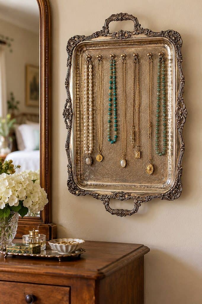 Elegant jewelry hanging on a vintage silver tray in a cozy home setting.