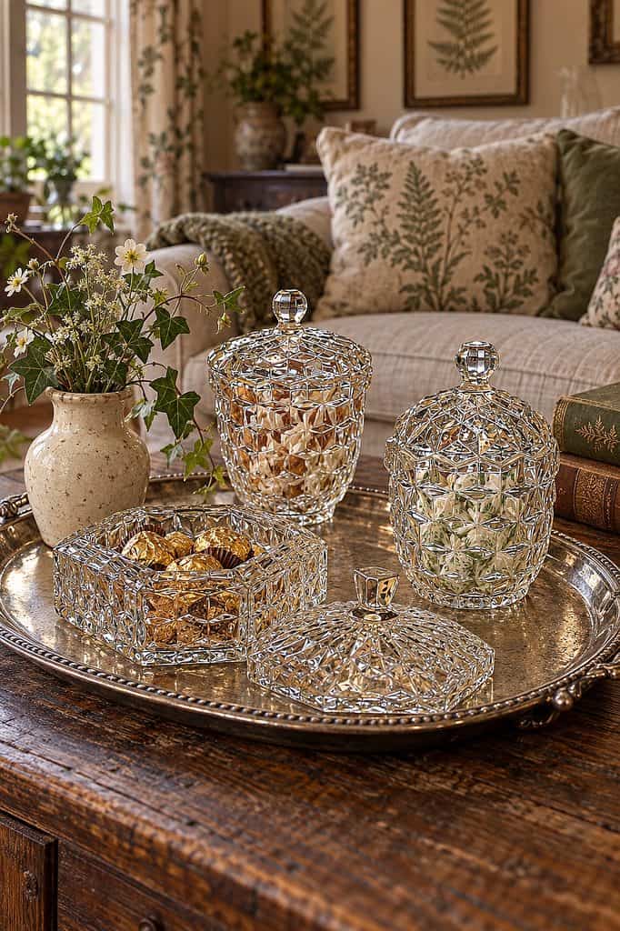 Fostoria crystal decorative jars and bowls on a vintage tray in a cozy living room.