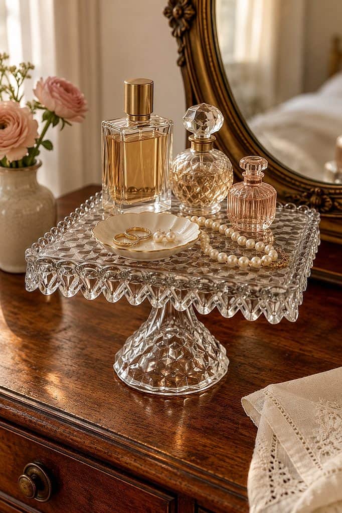 Fostoria crystal perfume bottles and jewelry on a glass table with mirror.